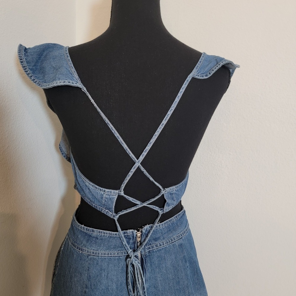 Blue Denim Ruffle Lace Up Back Cut Out Romper Small Wash Boho Festival - Picture 8 of 15